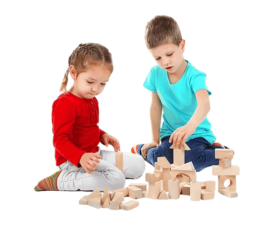 two children playing with wooden building blocks, background removed, over a pastel rainbow-arc illustration