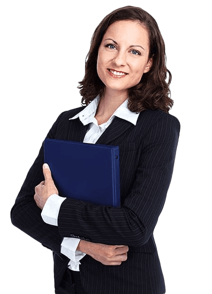 Businesswoman in a pinstripe blazer smiling while holding a navy binder, cut out against a solid background