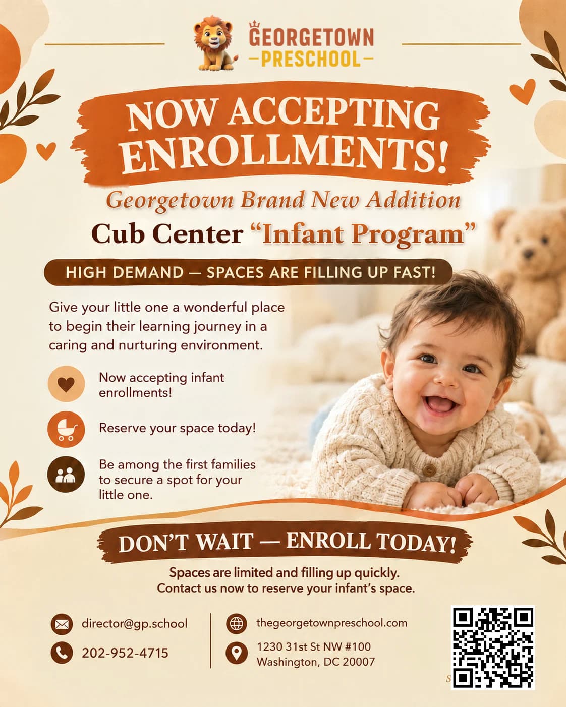 Cub Center Infant Program flyer: Georgetown Preschool is now accepting infant enrollments, with a smiling baby on a soft rug